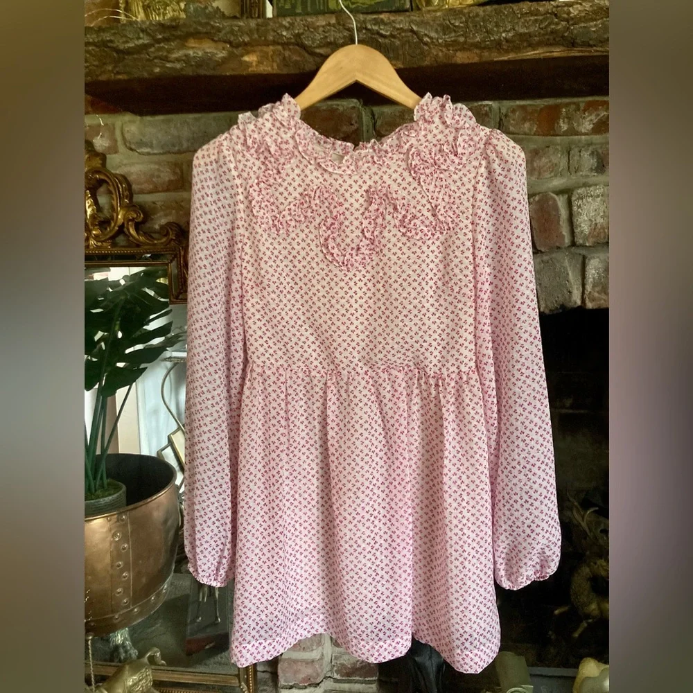 Free People Noveau Butterfly Floral Tea Combo Ruffle Neck Babydoll Dress Cottage